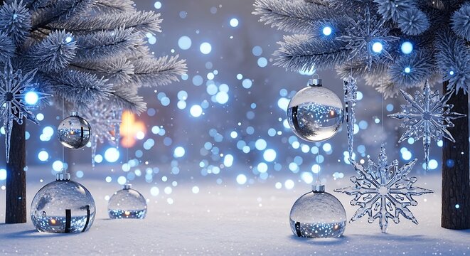 Magical winter scene with snow covered fir trees and ornaments