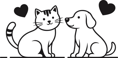 Cat and dog silhouette, pet friendship illustration, heart symbol design, black and white vector art, animal love concept, minimal style