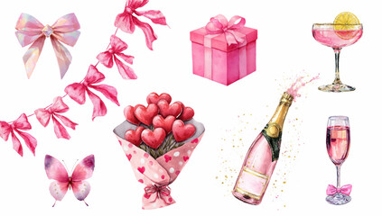 Romantic set of watercolor Valentine's Day elements. Garland with pink roses, champagne with splashes, glasses with cocktails, butterfly, gift and others. Hand drawn Valentine's Day clipart.