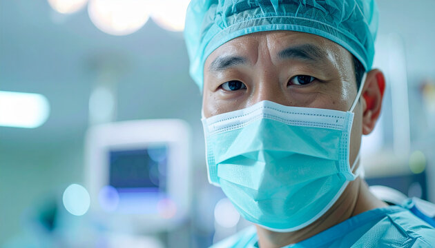 Male surgeon wearing medical mask and cap, focused and professional expression, hospital