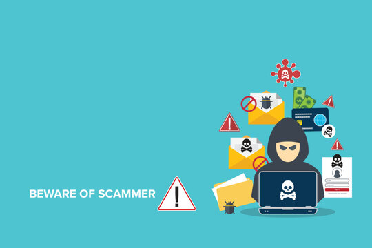 Hacker, scammer in front of his computer committing digital cybercrime