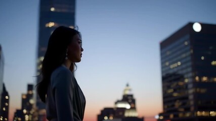 Confident Asian Woman Contemplating the Future on a Rooftop Overlooking a Modern City Skyline - Powered by Adobe