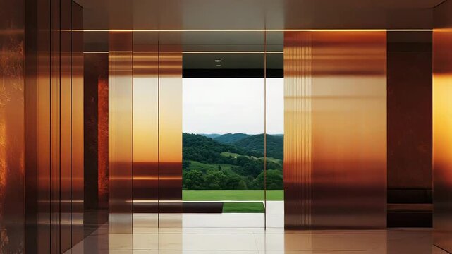 Modern golden abstract interior architecture reflecting warm light