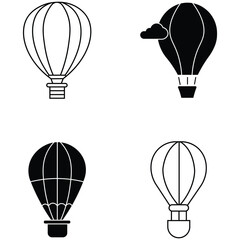 Collation of vintage hot air balloons silhouettes and line icon set. Black hot air balloon with basket vector. Simple set of hot air balloon vector icons. silhouette design on white background. Vector