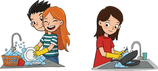 Children washing dishes together, teamwork at kitchen sink, solo dishwashing moment, household chores, soap suds, rubber gloves, domestic cleaning routine