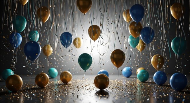 Festive party scene with floating blue and gold balloons against a white backdrop. Shiny confetti covers the floor. Perfect for celebrations, events, birthdays, or holiday themes.