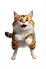 Fototapeta premium Playful cartoon tabby cat jumping forward with wide smile and heterochromia eyes on white background