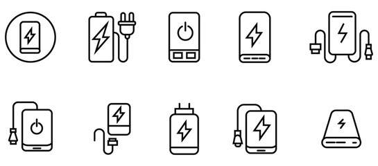 Collation of power bank icon set in line style. Contains as electricity, charger,  power bank, cable, solar charging and more. Vector illustration.