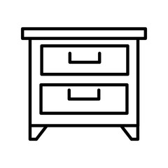 A minimalist black outline vector icon representing a nightstand, bedside table, or small storage drawer cabinet. The design features a square cabinet with two drawers and handles, standing on small l