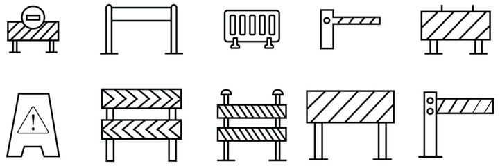 Set of roadblock icons vector graphics. Contains as traffic safety, under construction barriers, caution signs. Road block thin linear outline icons set on white background. vector illustration.