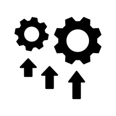 Process Optimization and Growth Gears Icon A solid black silhouette vector icon representing process improvement, performance optimization, efficiency, and continuous growth. The design features two d