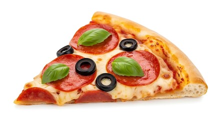 A slice of pepperoni pizza with black olives and basil