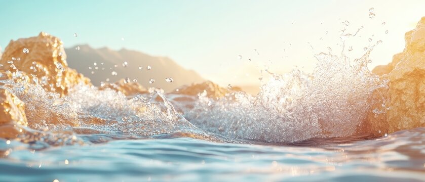 Ocean water splashes against rocky shore during golden hour, natural elements interacting.