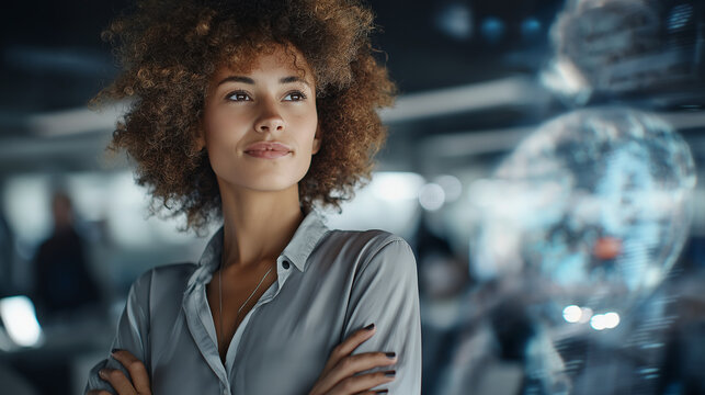 Confident businesswoman discussing strategy with a holographic AI assistant in a futuristic office.