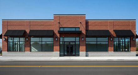 Showcasing a modern brick commercial building, ideal for retail or office space, offering a blend of style and functionality, ready for business ventures.