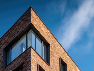 A low-angle view of a modern brick apartment building or condominium with large windows against a blue sky. A concept for urban real estate, housing, and contemporary architecture.