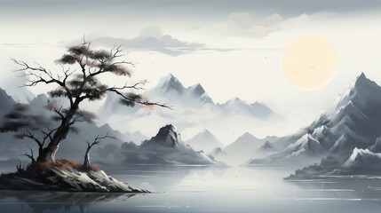 A serene black and white landscape featuring majestic mountains, a calm lake, and a solitary tree under a large sun.