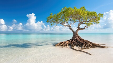 Lone tree with exposed roots on a bright sandy beach meeting clear turquoise ocean under a blue sky with white clouds.