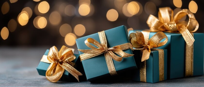 Bright gift boxes with golden bows are scattered amidst falling stars in a misty and dark atmosphere, evoking a festive feeling