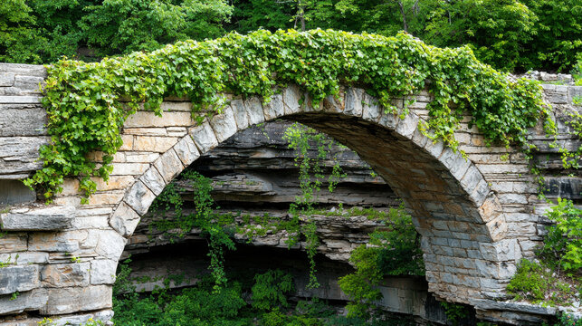 Overgrown stone arch bridge with trailing vines and layered rock ledge, lush green foliage and serene natural decay evoking peaceful nostalgia