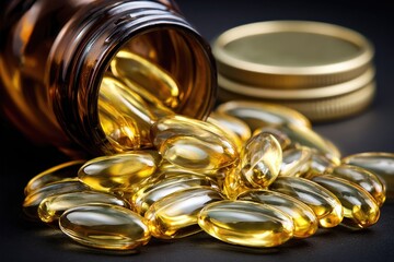 Amber bottle spills golden capsules onto a dark surface.