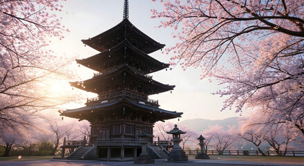 Five Story Pagoda and Cherry Blossoms in Full Bloom Offers Serene Beauty of Ancient Japanese Architecture Amidst Delicate Pink Flowers in Springtime Landscape During Sunny Day Scene is Peaceful