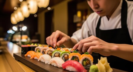 A chef carefully arranges fresh sushi and rolls on a black platter in a restaurant setting. The display features colorful pieces with salmon, tuna, and vegetables. Perfect for dining concepts.