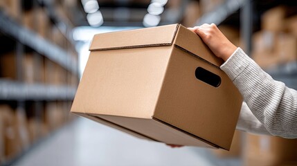 A hand carries a small cardboard package while surrounded by shelves loaded with various boxes in a large warehouse