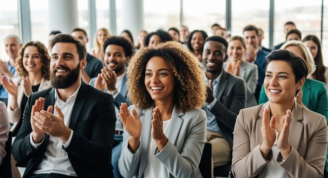 Business professionals clap during a conference or training event. Diverse audience sits in rows wearing formal office attire. Great for corporate communications and team building content. - Powered by Adobe