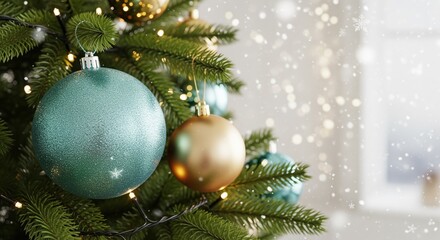 Obraz premium Turquoise and gold ornaments hang on a decorated evergreen tree with twinkling lights. Soft snowflakes create a festive mood. Perfect for holiday cards, seasonal promotions, or winter celebrations.