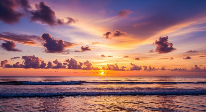 Stunning ocean sunset with colorful sky filled with purple, orange, and pink clouds. Gentle waves roll onto the shore as the sun touches the horizon. Perfect for travel, relaxation themes. - Powered by Adobe