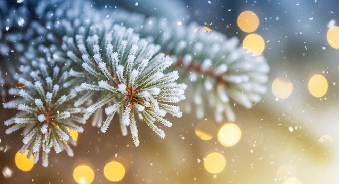 Frosted pine needles covered in snow with soft golden lights creating a warm glow. Perfect for holiday cards, winter themes, and seasonal designs. Natural winter beauty captured outdoors.