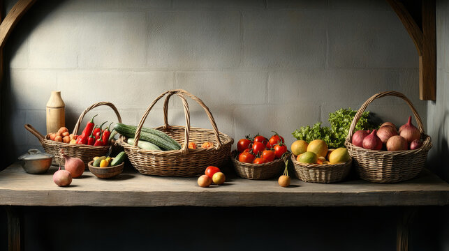 Rustic market stall with wicker baskets of fresh vegetables and fruit arranged on wooden table, warm light and quiet atmosphere