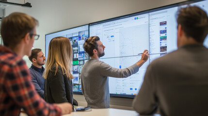 Office team collaborating on a presentation with AI-powered design assistance on large digital screens.
