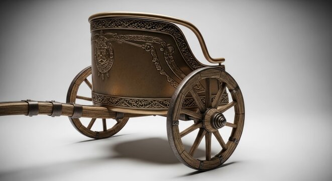 Ancient bronze chariot with ornate trim and wooden wheels on light backdrop