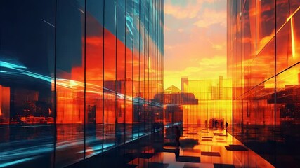 Futuristic city skyline reflecting vibrant sunset colors - Powered by Adobe