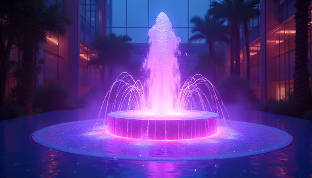 Digital Innovation Fountain: Flowing Glowing Binary Code and Symbols in Office Courtyard Water Feature


