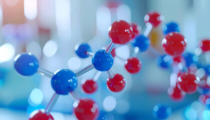 Microscopic molecular structure with red and blue atoms, blurred laboratory background, scientific