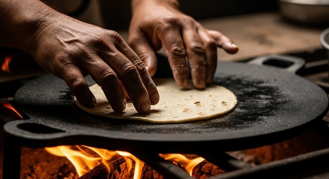 Hands cooking a handmade tortilla on a traditional comal over an open fire. Close-up of authentic Mexican food preparation. Rustic culinary heritage concept