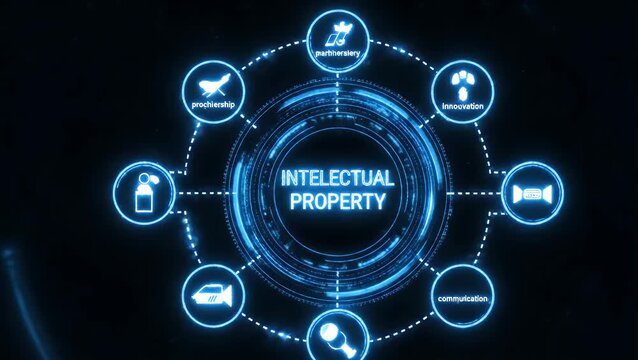 Digital display showing intellectual property law and rights concept