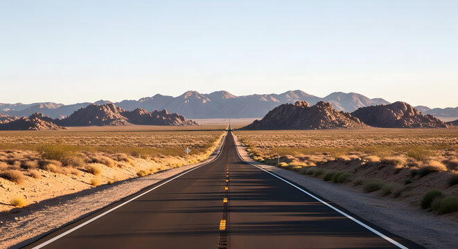 Desert road straight asphalt pavement and mountain range in background arid landscape and open highway scenic route and travel adventure transportation - Powered by Adobe