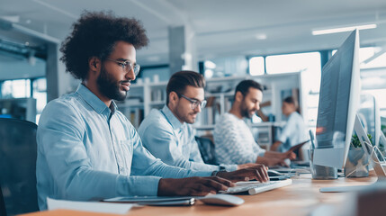 Fototapeta premium Team of professionals working both in-office and remotely using AI collaboration tools for seamless project management.