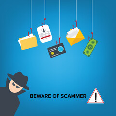 Beware of a scammer. Hacker with laptop computer stealing confidential data, personal information and credit card detail. 	
