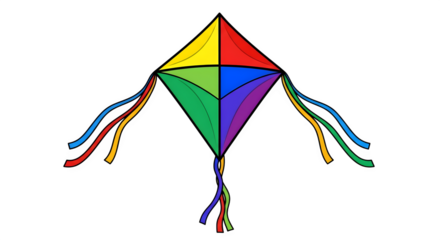 Colorful diamond shaped kite with long flowing streamers isolated on transparent background
