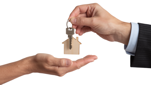 Real Estate Agent Handing Over House Keys and Wooden Home Icon to a Buyer Symbolizing Home Ownership, Mortgage, and Successful Property Sale
