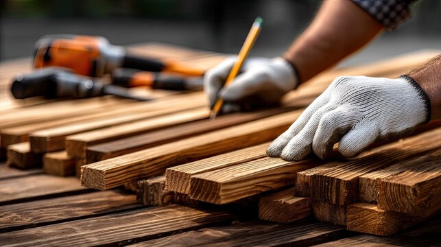 Hands with gloves carefully measure lumber while someone works in the background on a garden task under bright sunlight