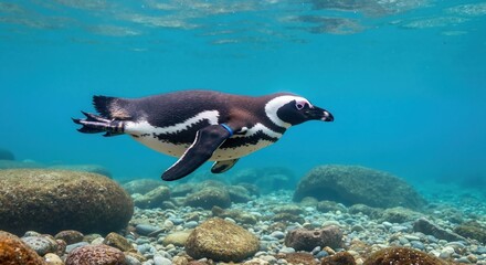 African penguin swimming underwater in clear blue water. Wildlife marine bird in its natural ocean habitat. Animal conservation concept