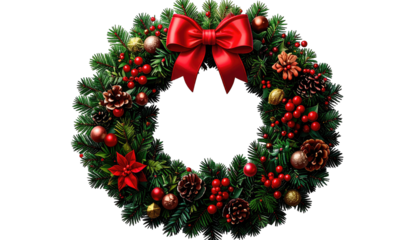 Beautifully Decorated Christmas Wreath With Red Bow And Ornaments.