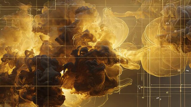 Golden smoke ink data grid exploring fluid dynamics