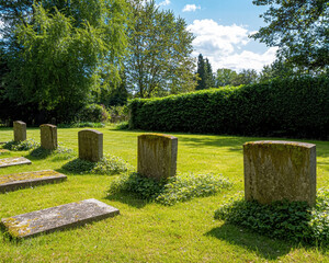 Mossy headstone overgrown cemetery with forgotten graves, green grass, clover patches and sunlit trees creating peaceful, slightly melancholic